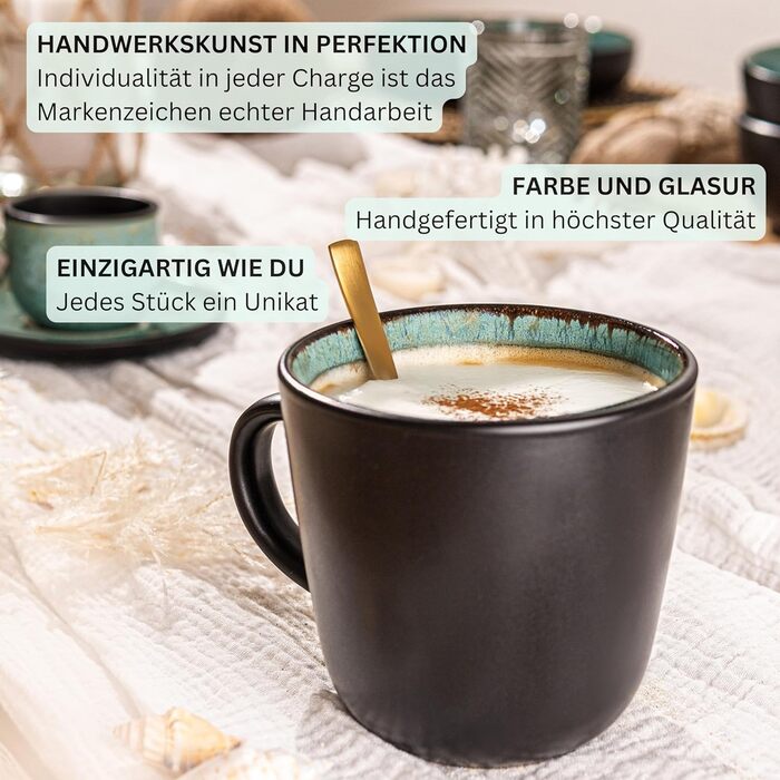 Набір кавових чашок Sänger Fiji на 6 осіб (430 мл), 6 шт., кераміка, темно-зелений, для кави та чаю, миючі в посудомийній машині, для мікрохвильової печі