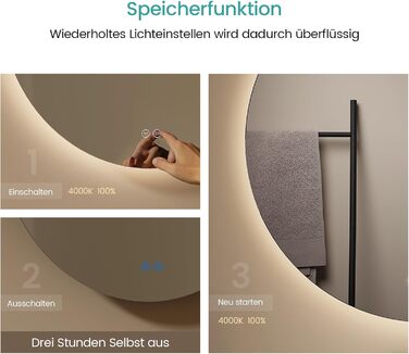 Дзеркало для ванної кімнати EMKE круглої форми з підсвічуванням 80 см – кругле дзеркало з 3 кольорами світла, регулюванням яскравості, сенсорним управлінням, функцією пам'яті, енергозберігаюче – для ванної кімнати та на стіну (60L x 60B cm)