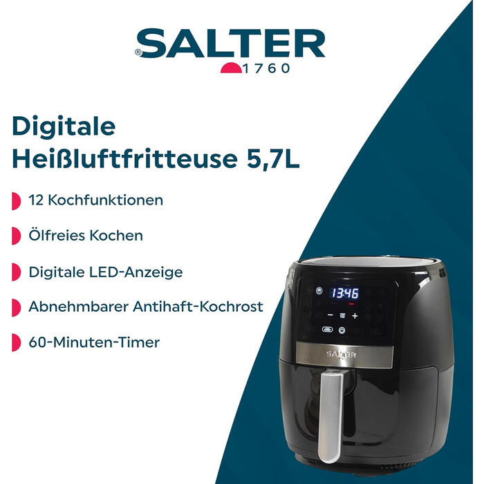 Фритюрниця Salter 4.2 л ручна, без олії, з циркуляцією гарячого повітря, антипригарне покриття, таймер, 1300 Вт, EK6364VDE