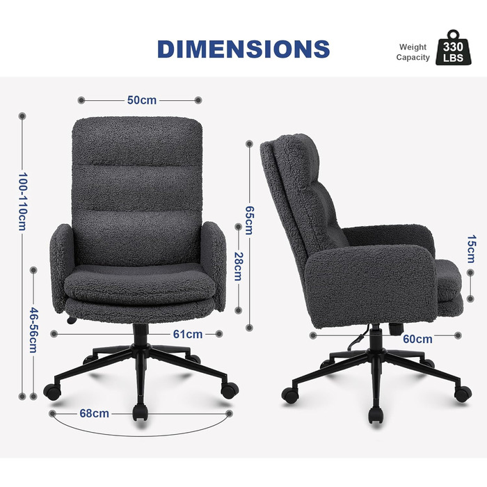 Крісло для роботи Youhauchair з кашеміру, ергономічне офісне крісло з високою спинкою, зручне крісло для туалету, обертове крісло для столу з регульованою висотою, кашемір, висока спинка (темно-сірий)