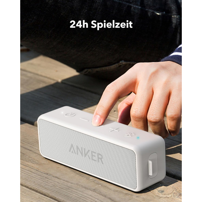 Портативна Bluetooth колонка Anker SoundCore 2, білий колір. Якісний звук, потужний бас, 24 години роботи від акумулятора, водонепроникність IPX7, сумісна з iPhone, Galaxy та іншими пристроями.