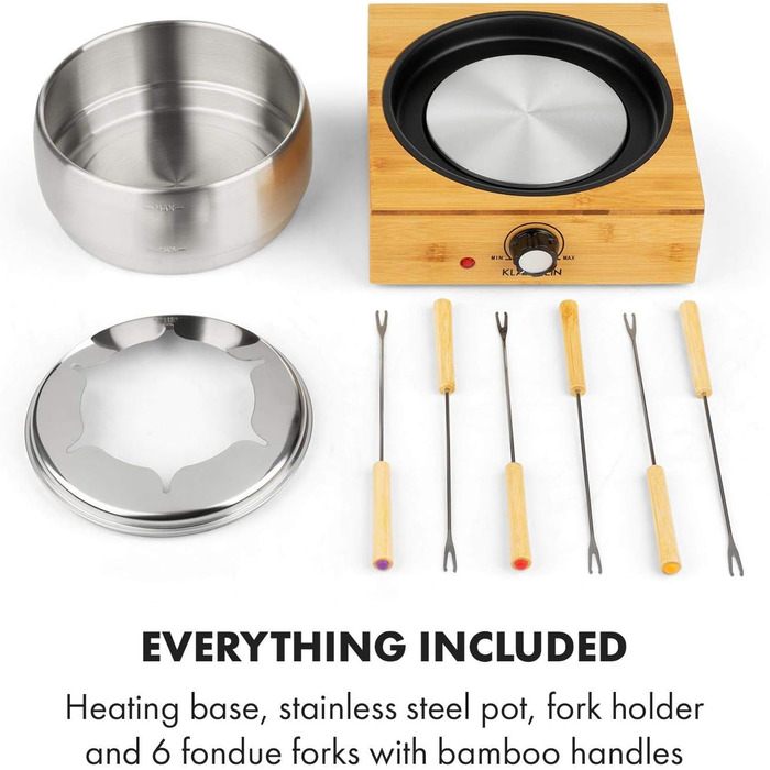Фондю Klarstein Bambus 1.3л, 800 Вт, нержавіюча сталь, бамбукова база, 6 виделок