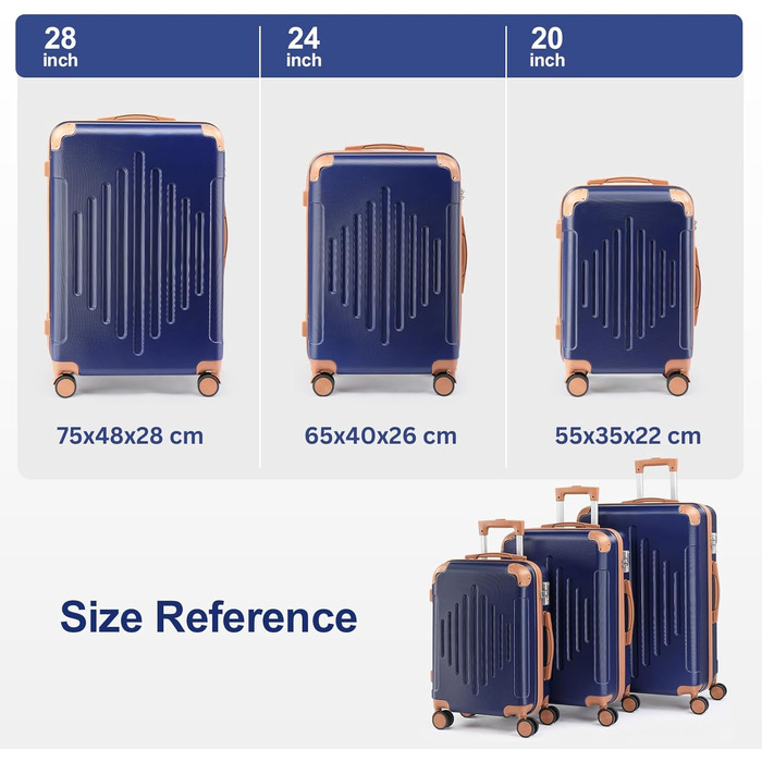 Набір валіз LEADZM 3 шт. з захистом кутів, жорсткий корпус ABS, телескопічна ручка, ручна поклажа (темно-синій/коричневий)