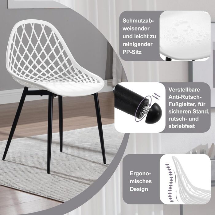 Набір обідніх стільців 4 шт., кухонний стілець з перфорованою спинкою, стілець для вітальні з металевими ніжками, пластиковий стілець для кухні, вітальні, балкону, скандинавський, білий, K0018EZS-4