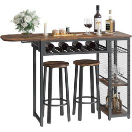 Набір барного столу з 2 табуретами, стіл-бар з тримачем для келихів та полицею, кухонний стіл в індустріальному стилі (колір: коричневий)