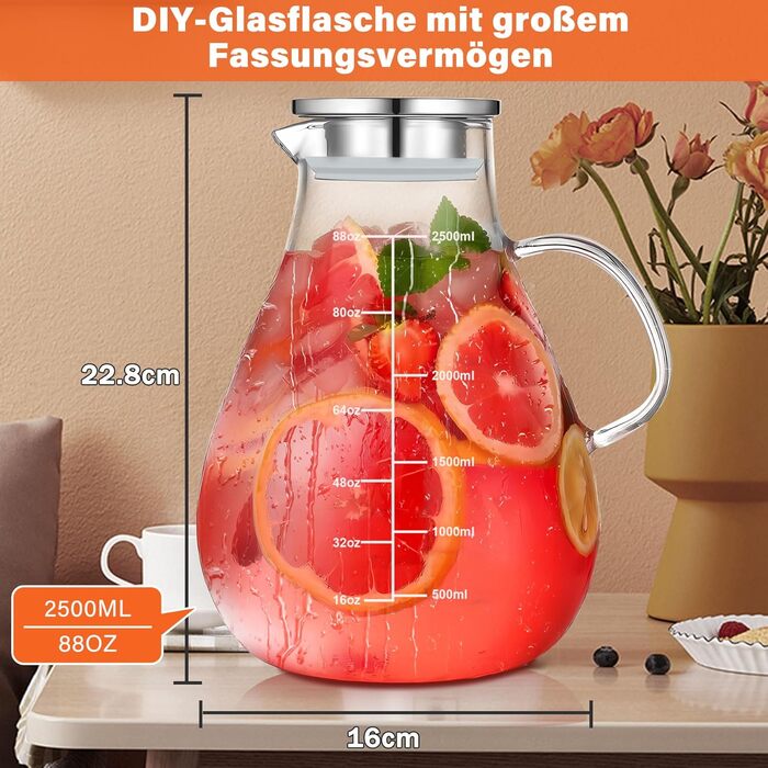 Скляна карафа з кришкою, 2500 мл, термостійке боросилікатне скло, з ситечком, для напоїв, чаю, кави, вина, молока, з щіткою для чищення
