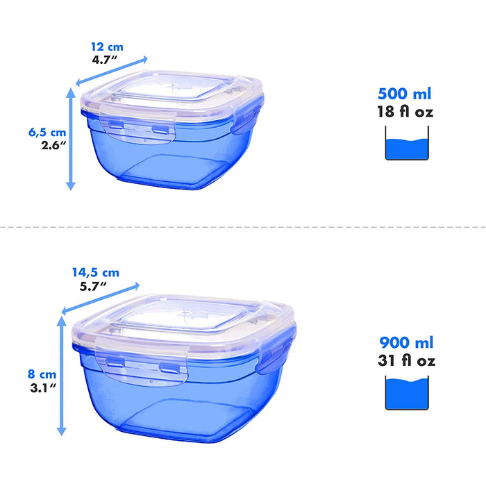 Набір банок для зберігання Грізлі 4 (0,4 л, 0,8 л, 1,4 л, 2,3 л), круглі, пластикові, 100 повітря / вода, Банки для зберігання в мікрохвильовій печі, М'ятні (квадратні 0,5 л, 0,9 л, 1,5 л, 2,4 л, сині)