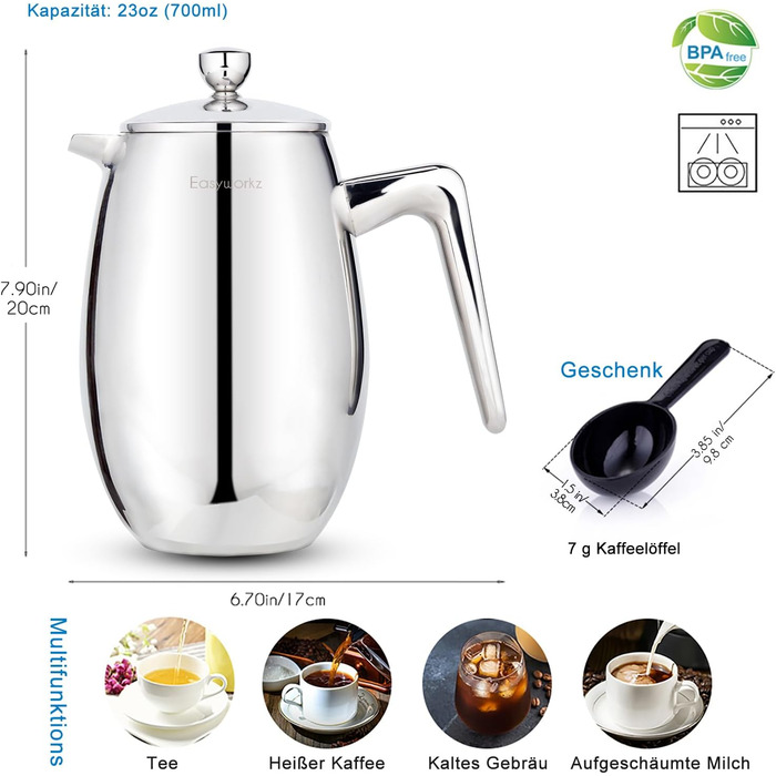 French Press Easyworkz Nando: термо-кавоварка з нержавіючої сталі, 700 мл, подвійні стінки