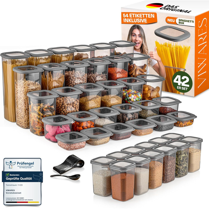 Набір контейнерів для зберігання продуктів 18 шт. – включає 2,0L контейнер для спагеті, 6 банок для спецій з дозувальними кришками, стекові контейнери з кришками, герметичні, без BPA, 52 етикетки (набір 12 шт.) + 6 дозатори спецій (набір 42 шт., сірий)