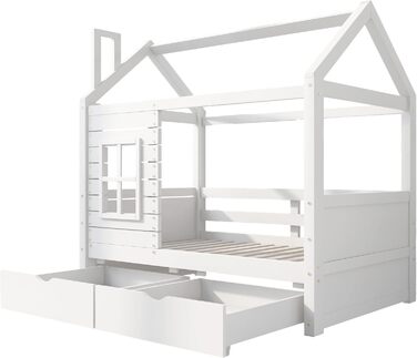 Дитяче ліжко 80x160 см з ящиками та віконцем, масивне дерев'яне ліжко з бортиками та ламелями, ліжко-будиночок для хлопчиків та дівчаток, ліжко-будиночок, ліжко для підлітків, без матраца, біле