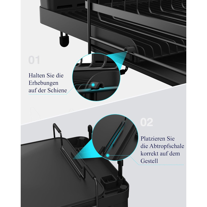 Сушилка для посуду Kitsure, висувна, багатофункціональна, з місцем для столових приборів, 67.8 x 32.7 x 14.9 см, чорна