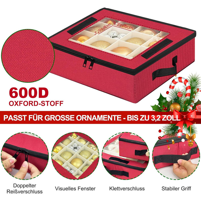 Коробка для зберігання новорічних прикрас з перегородками, 4 шт. Складана коробка для ялинкових іграшок, органайзер для куль, з ручками, червона