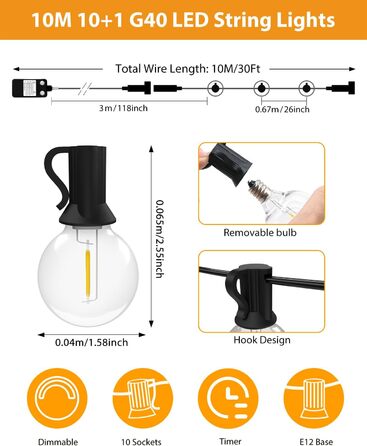 Льо́нтова світлодіодна гірлянда BTfarm 13M, зовнішня, диммування, таймер, 18+1 LED, для саду, тераси, вечірок, тепле біле світло, вологостійка, для зовнішнього використання