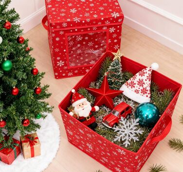 Коробка для зберігання новорічних прикрас з 166 відділеннями, 31x31x30 см, червона, з сніжинками