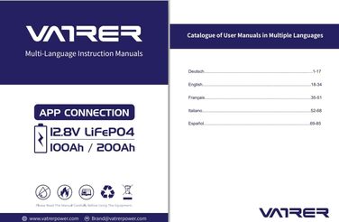 Літієва батарея VATRER POWER 12V 100AH LiFePO4 з Bluetooth, 100A BMS, 5000 циклів, 1280 Вт, захист від низької температури