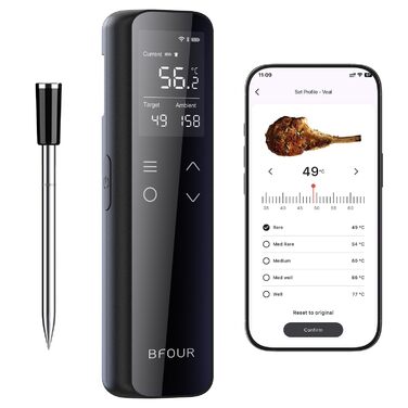 Термометр для м'яса BFOUR WiFi з Bluetooth, 6 сенсорів, з App-керуванням, бездротовий, для гриля та запікання