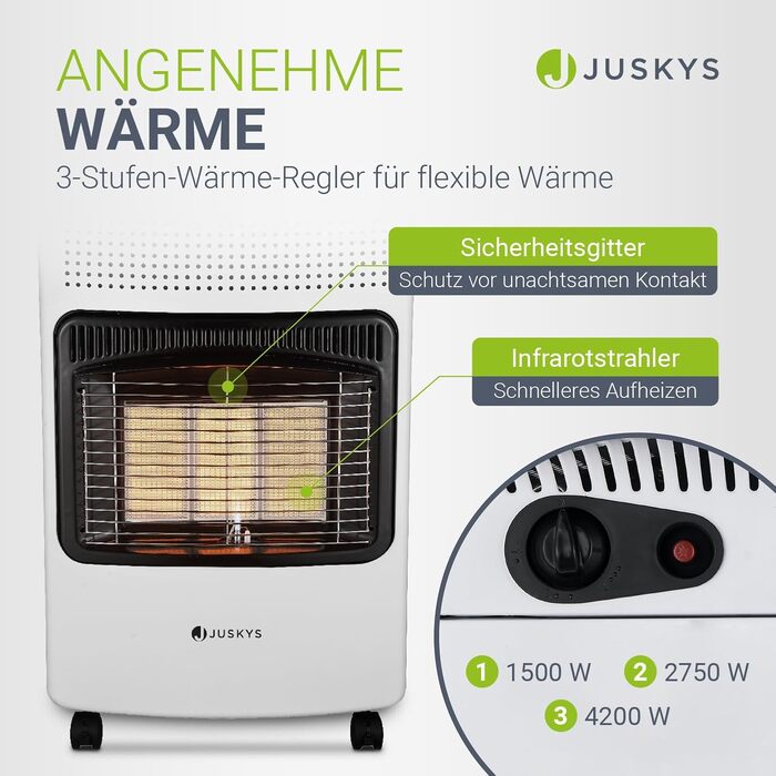 Газова обігрівальна техніка Juskys Keramik GS42US - 4200 Вт з регулятором тиску та шлангом. Мобільний, ефективний та економічний газовий нагрівач.