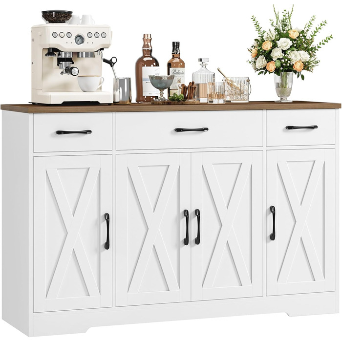 Сервант HOCSOK 140 см: кухонна шафа з 2 регульованими полицями, буфет з 3 висувними ящиками та 4 дверцятами, для вітальні, кухні, передпокою, білий & коричневий