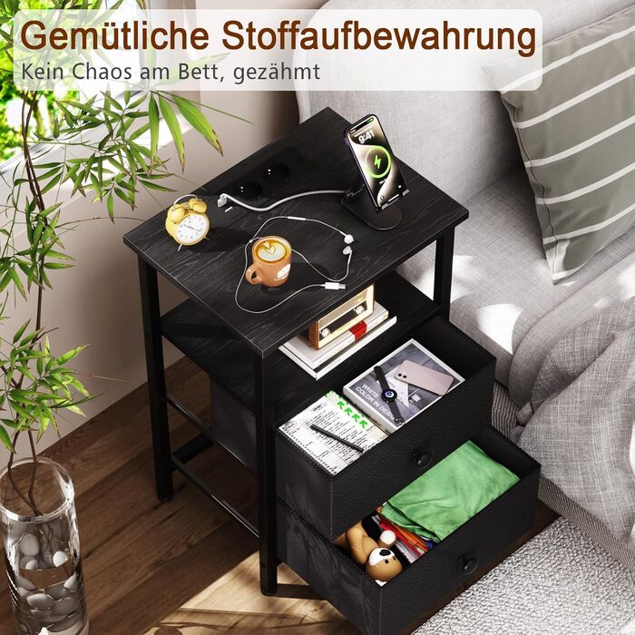Нічний столик AMHANCIBLE з підзарядкою, приліжний столик з висувними ящиками з тканини, журнальний столик з відкритою полицею, з 2 USB-портами та 2 розетками, для спальні та вітальні, HETS020GY-1 (Чорний)