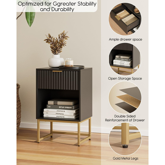 Приліжкова тумбочка з відкритим відділенням, столик для канапи в спальню та вітальню (горіх), (40 x 30 x 60 см, чорне фетрове покриття)
