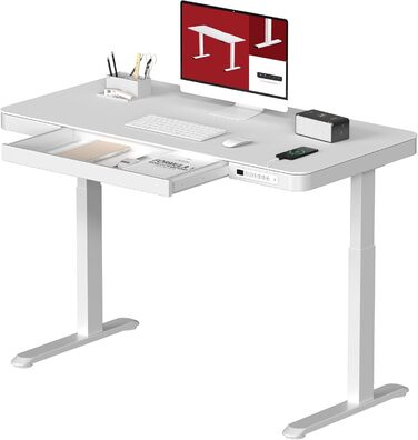 Електричний регульований стіл Sanodesk з ящиком, сенсорним керуванням та USB-портами, 120 x 60 см, білий колір, білий каркас, висота 73.5-118 см