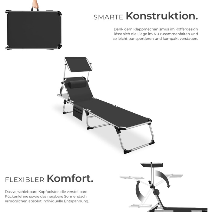 Шезлонг Tectake® з дахом: легкий, розкладний, для балкона, саду, кемпінгу та пляжу. Алюмінієвий, сірий меланж (чорний)