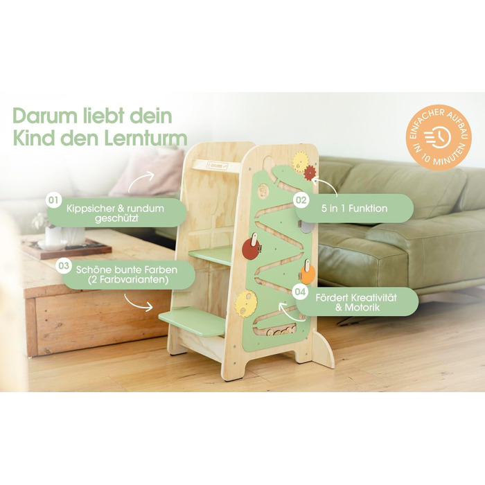 Дерев'яний навчальний столик-лесенка EXPLORER Kids® Montessori 5-в-1 | Регульована висота, захист від падіння, захист від перекидання | Розвиває моторику, цифри та форми | Білий та салатовий кольори | Для дітей від 1 року