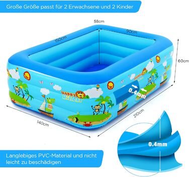 Надувний басейн, Надувний дитячий дитячий басейн з пумбою, 210 х 140 х 60 см, Великий сімейний басейн для дітей і дорослих, Басейн з надувним м'яким дном, Басейн/дитячий басейн
