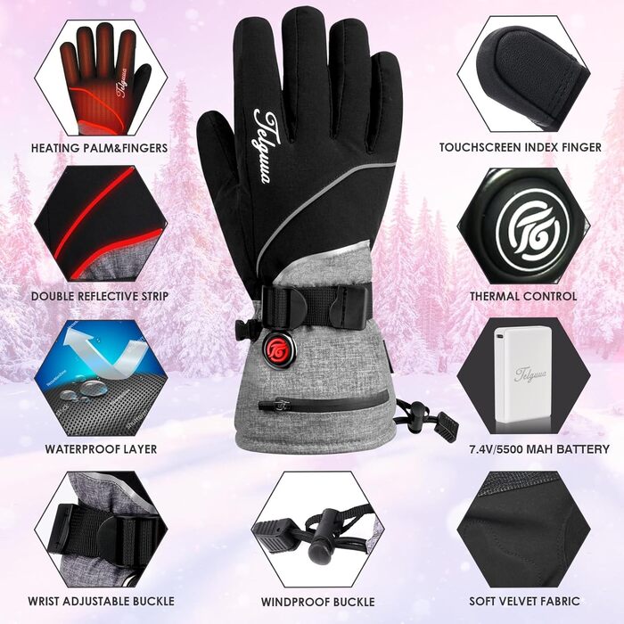 Обогреваемые перчатки для мужчин и женщин с поддержкой сенсорного экрана, водонепроницаемые, USB-C, электрические, перезаряжаемые, для работы на улице (TG02, XL)