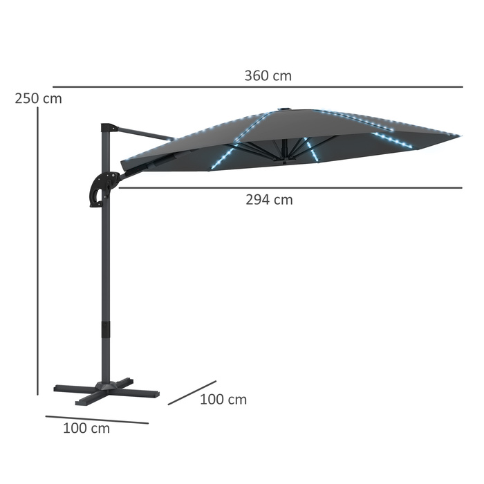 Outsunny Alu Centilever Parasol LED Solar Ø300 см регульована по висоті парасолька з кривошипною підставкою UV50+ Водовідштовхувальний ринок Обертовий ринок на 360° Нахилена садова парасолька Сонцезахисний захист для саду Балкон Темно-сірий