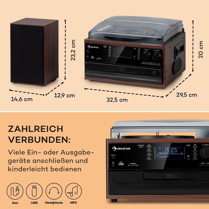 Вініловий програвач Auna з динаміками, CD-програвачем, USB, Bluetooth, DAB-радіо, ретро-дизайн, коричневий