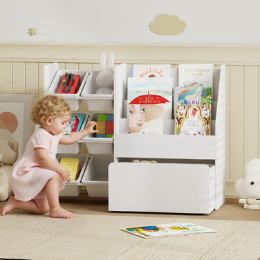 Поличка для іграшок у дитячу кімнату з 6 контейнерами, книжкова полиця, мобільний ящик, розміри 100 x 30 x 80 см, МДФ, сталь, білий