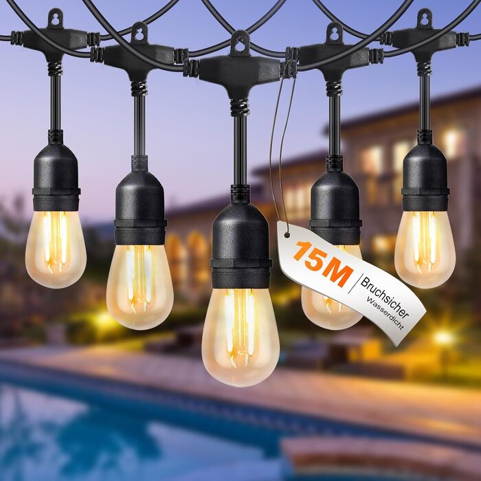 BRIMAX LED гірлянда для вулиці, 30 метрів, AC220-240V, IP44, 46+4 лампочки G40 E12 1W, 2200K тепле біле світло, розширювана, для кемпінгу, ярмарку, саду, вечірки