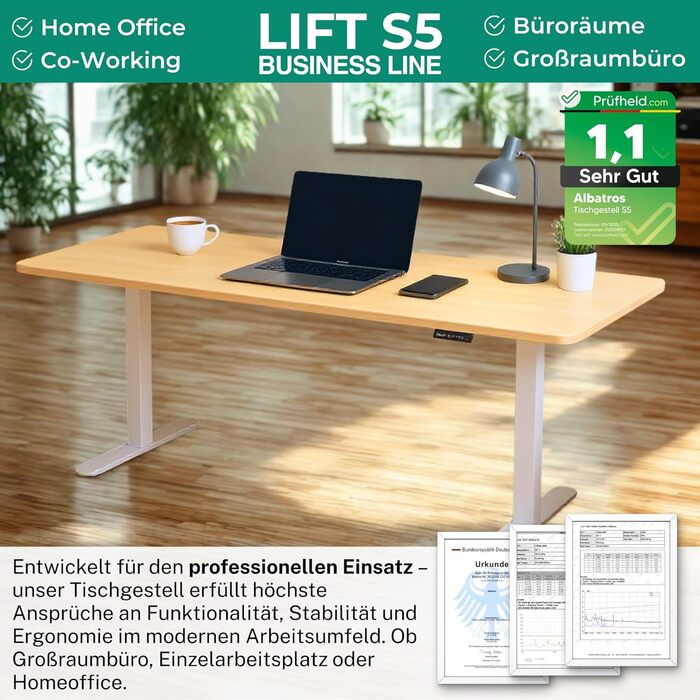 Електричний регульований стіл Albatros Lift S5: металеве шасі, ніжки, підставка | До 120 кг | Для широких стільниць 2м | Білий