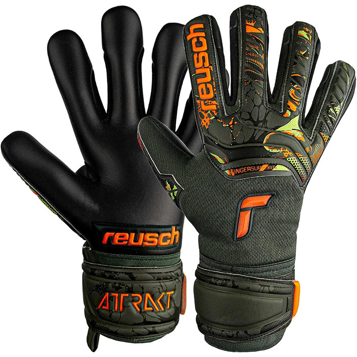 Молодіжні воротарські рукавички Reusch унісекс Attrakt Evolution Finger Support Junior з хорошим захопленням і внутрішнім швом (4, оливково-зелений / помаранчевий / чорний)