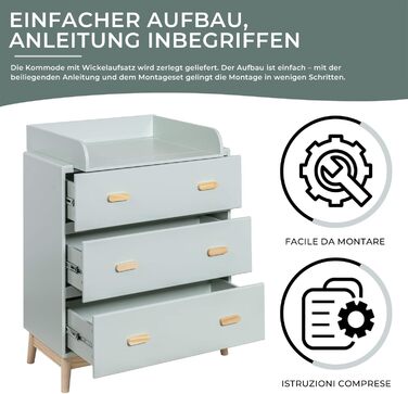 Комод з пеленальним столиком Rebecca Mobili, Aqua Grün Braun, колір блакитно-зелений, матеріал - сосна та MDF, компактний, знімний пеленальний столик, розміри 100 x 80 x 42 см, арт. RE6985