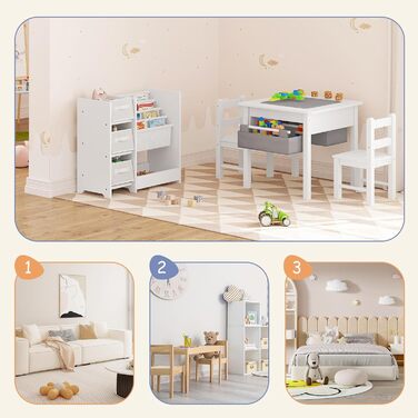 Поличка для дитячої кімнати Lestarain, органайзер для іграшок, 65x60x30 см, з 3 ящиками та 4 кишеньками, з масиву дерева МДФ, біла