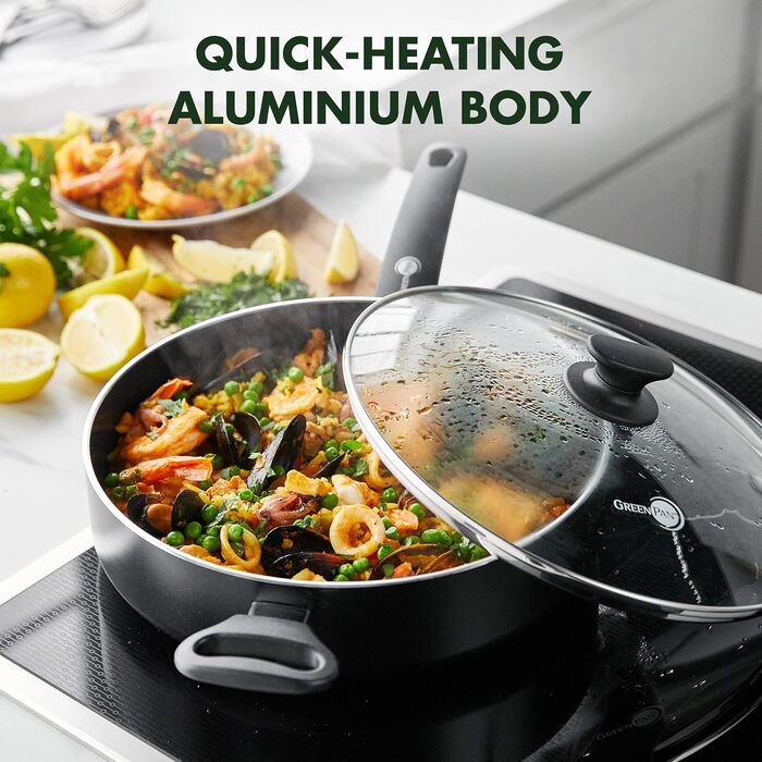 GreenPan Cambridge сковорода для тушкування з кришкою (24 см, 3,1 л), керамічне антипригарне покриття, без PFAS, для індукційних плит, придатна для миття в посудомийній машині, чорна