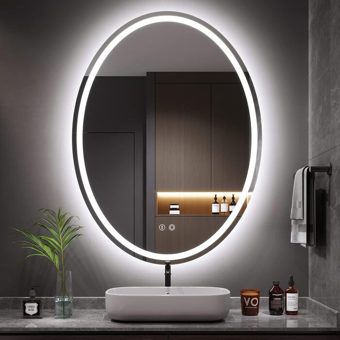 Дзеркало для ванної кімнати Dripex з підсвічуванням LED, сенсорне керування, регулювання яскравості, 3 кольори світла, антизапар, овальне, 50 x 70 см
