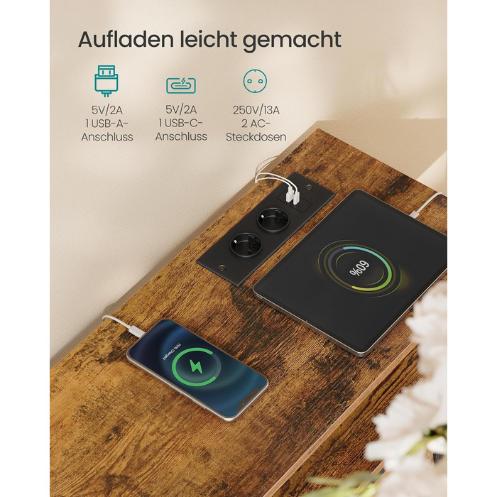 SONGMICS BELLAH: Комод, шафа, LED-підсвічування, тумба з зарядкою, індустріальний стиль, вінтажний коричневий + чорний, 7 ящиків, LGS723KD01