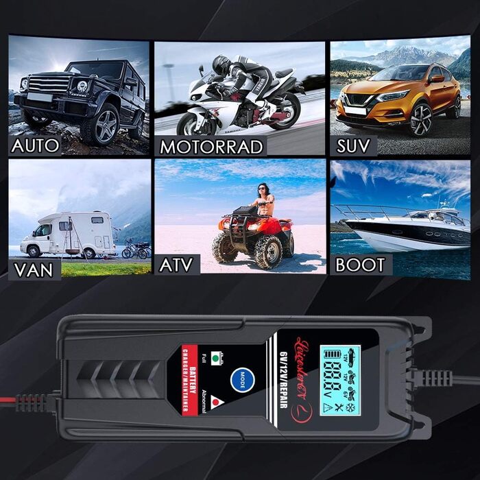 Зарядний пристрій для акумулятора LEICESTERCN 12V/24V - автоматичний, 5/10/25A, LCD, для авто, мото, 6V/12V