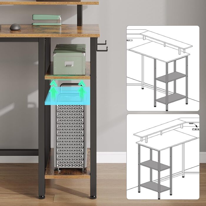 Комп'ютерний стіл Rolanstar L-подібний з RGB підсвічуванням та розетками, геймінговий стіл з полицею та 2 гачками, для офісу, робочого кабінету, спальні (117см) (Вінтажний коричневий, 137 x 77 x 87 см)