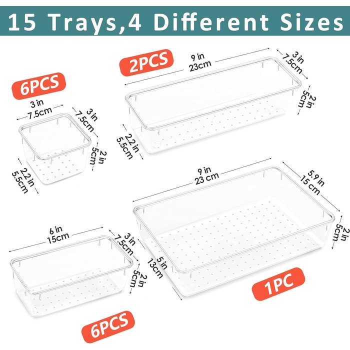 Органайзер для ящиків 15 шт. , 4 розміри, прозорий пластик, для макіяжу, кухні, офісу, шафи