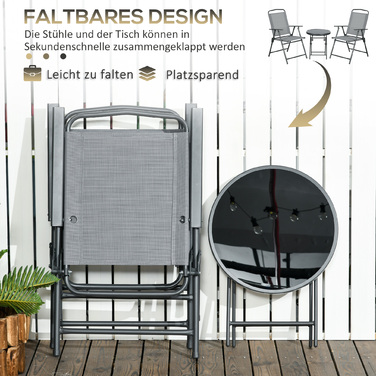 Набір бістро Outsunny Garden Furniture складаний з 1 столом і 2 стільцями, міцний зі сталі та сітки, 53,5 x 64 x 93 см, світло-сірий для балкона та тераси