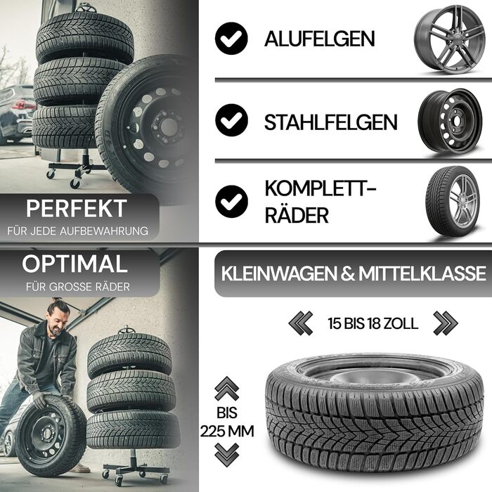 Підставка для шин Premium Felgenbaum для автошин до 150 кг - стійка для 4 шин, колісна стійка, колісна стійка для зберігання шин (чорний, 225 мм)