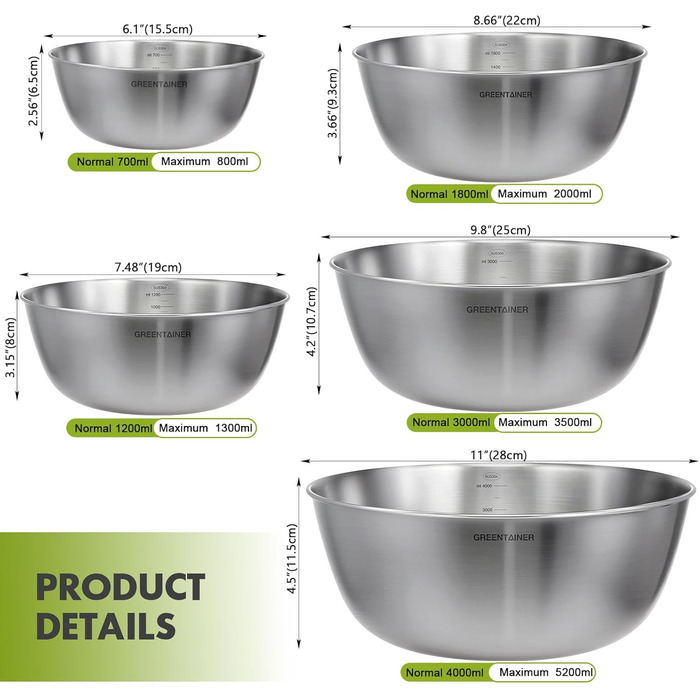 Набір салатників та мисок з нержавіючої сталі, 5 шт. - для кухні, міксування та сервірування