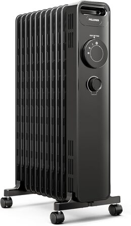 Масляний радіатор PELONIS 2300W з J-подібними ребрами, 3 режими нагріву, термостат, тихий, з захистом від перекидання, енергоефективність A, для спальні, вітальні, офісу, 11 ребер, чорний (без пульта)