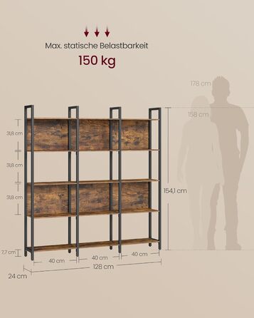Стелаж VASAGLE з 5 полицями: для кухні, офісу, вітальні. Сталевий каркас, індустріальний дизайн, розмір 24x128x154,1 см, колір vintagebraun-tintenschwarz