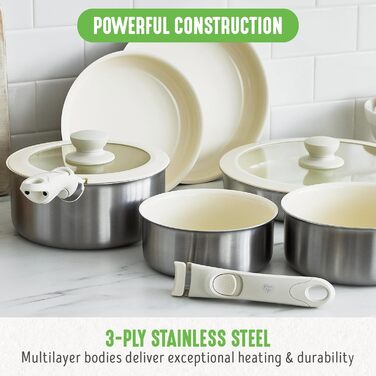 Набір кухонного посуду GreenLife 10 предметів з антипригарним покриттям, знімними ручками та функцією складання. Безпечний, не містить PFAS, підходить для індукційних плит, економія місця, сервіровочні миски.