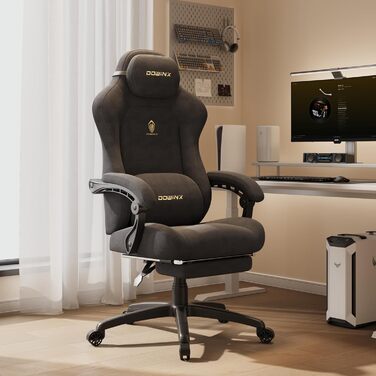 Ігрове крісло Dowinx з масажем попереку, регульованою підголівником, потовщеним сидінням, висувною підніжкою, регульованими підлокітниками, мікрофібровим велюром, нахилом 160°, темно-сіре